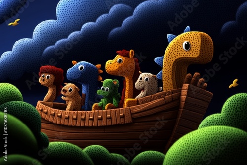 Pixelated animals boarding Noahâ€™s Ark, with simple yet charming animations photo