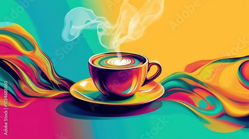 A cup of coffee with colorful swirls and steam.