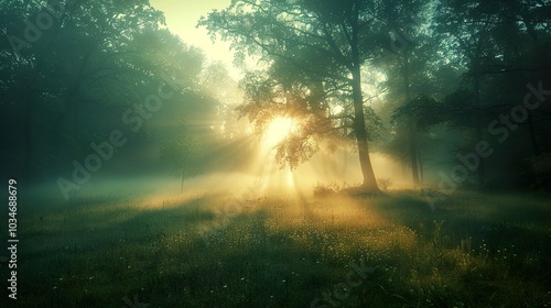 Golden Sunbeams Through Foggy Forest