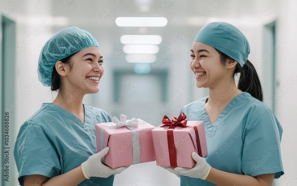 Two healthcare workers exchanging gifts in a hospital corridor Two healthcare workers exchanging gifts in a hospital corridor