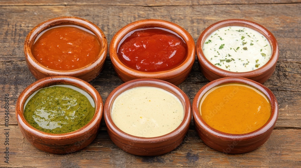Various sauces in bowls on a rustic wooden table. Various sauces in bowls on a rustic wooden table.