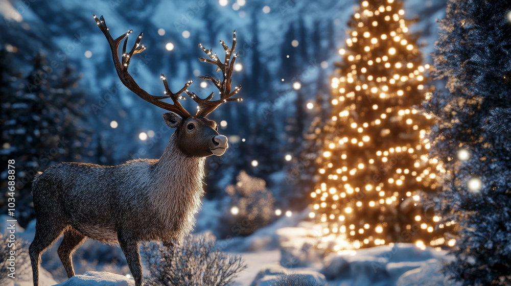 majestic reindeer stands in snowy landscape, surrounded by twinkling lights from nearby Christmas tree. serene atmosphere evokes sense of holiday magic and wonder majestic reindeer stands in snowy landscape, surrounded by twinkling lights from nearby Christmas tree. serene atmosphere evokes sense of holiday magic and wonder