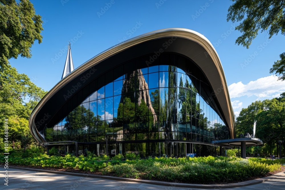 Fototapeta premium The exterior of the Creation Museum in Kentucky, with lush greenery and clear skies reflecting on its modern glass facade