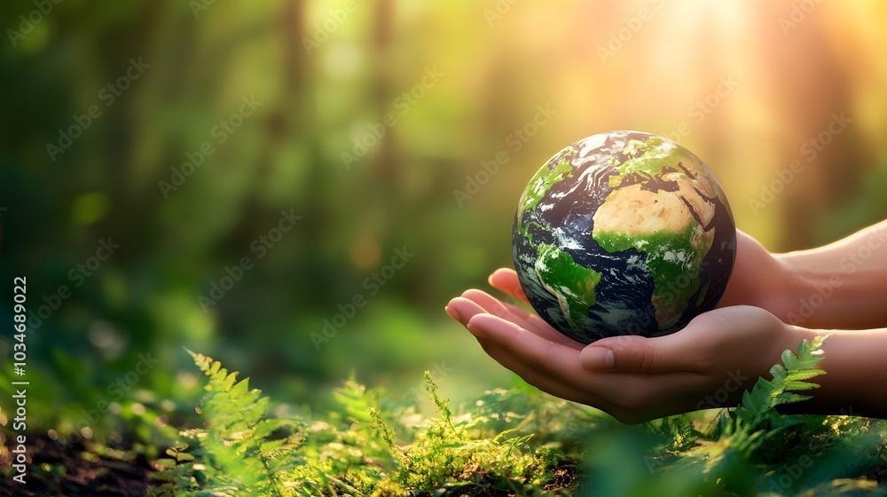Hands protecting globe of green tree on tropical nature summer background, Ecology and Environment concept. 