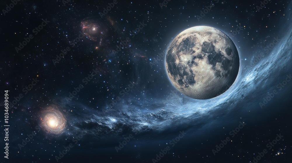 Naklejka premium A starry sky with a large moon and a galaxy.