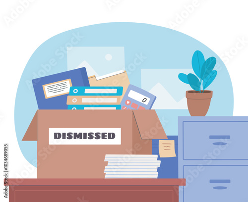 Dismissed worker concept. Cardboard box with books and calculator. Fired and unemployed person. Retired and failure, crisis. Flat vector illustration isolated on white background