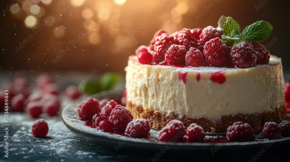 A beautifully decorated slice of creamy raspberry cheesecake, A beautifully decorated slice of creamy raspberry cheesecake,
