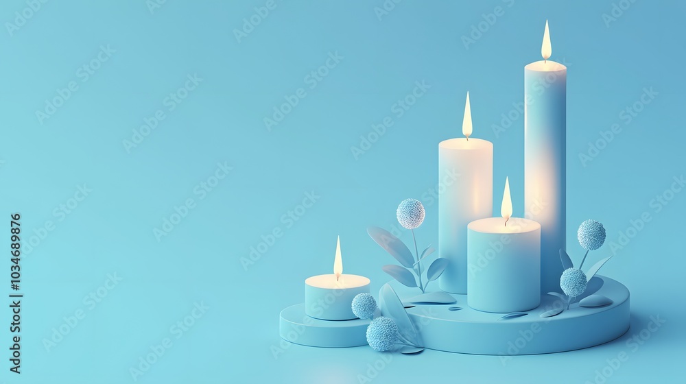 Blue Candles with Flowers on a Blue Background. illustration for Happy Halloween series art background Blue Candles with Flowers on a Blue Background. illustration for Happy Halloween series art background