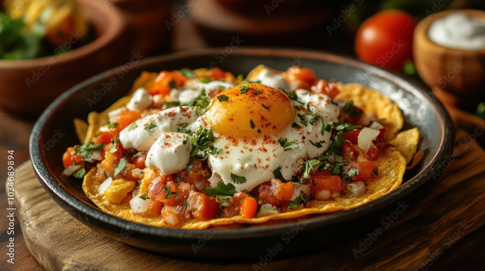 A tasty breakfast dish served in a bowl, possibly featuring eggs on top of nachos or tortillas. A tasty breakfast dish served in a bowl, possibly featuring eggs on top of nachos or tortillas.