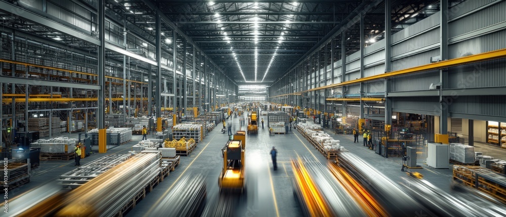 Very realistic and photographic photo of a bustling warehouse filled with sleek automation machinery and motion-blurred workers The long exposure technique creates a dynamic, tech-driven ambiance Very realistic and photographic photo of a bustling warehouse filled with sleek automation machinery and motion-blurred workers The long exposure technique creates a dynamic, tech-driven ambiance