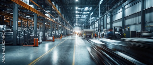 Very realistic and photographic photo of a sleek warehouse filled with automation machinery and motion-blurred workers The long exposure creates a sense of dynamic efficiency and modernity Styled