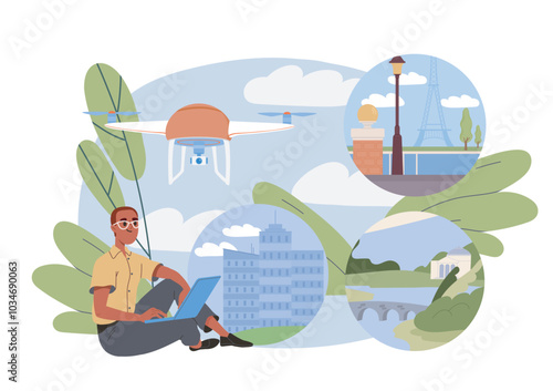 Man with photo drone. Young guy remotely controls drone. Photographer with modern technologies for panoramic photography. Flat vector illustration isolated on white background