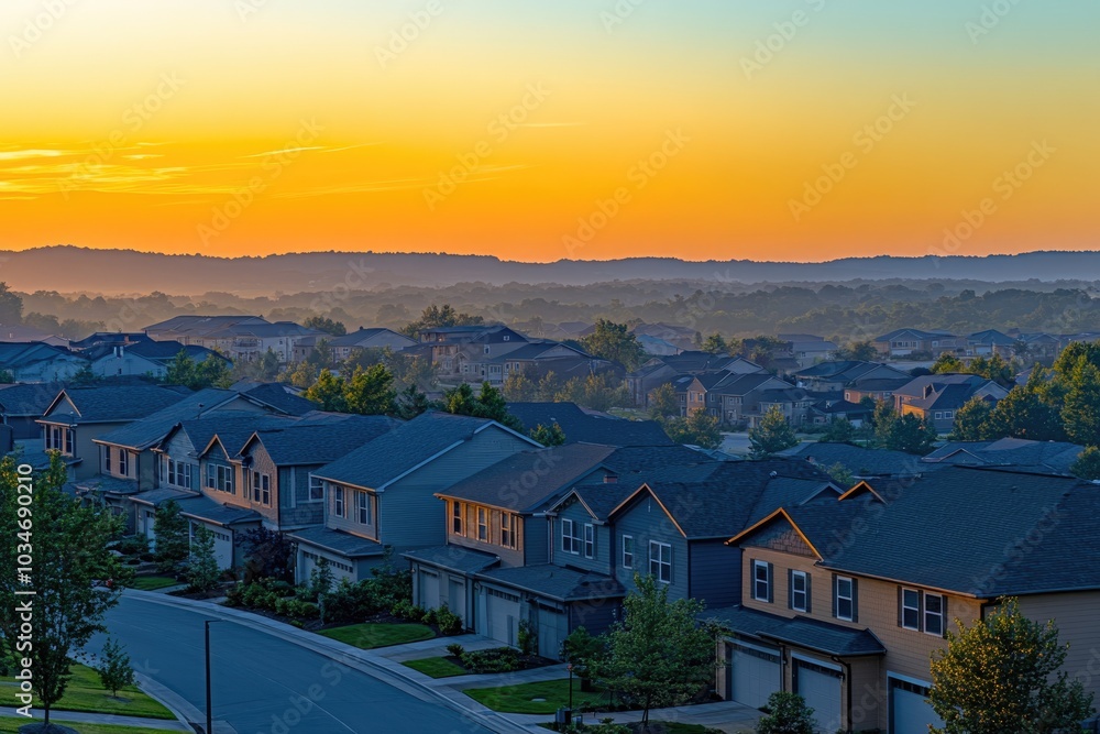 A sleepy neighborhood waking up to the sunrise, Monday morning, peaceful and serene A sleepy neighborhood waking up to the sunrise, Monday morning, peaceful and serene