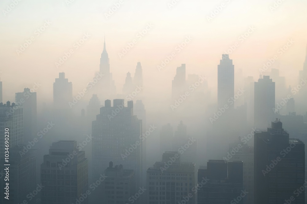 Fototapeta premium City skyline with morning haze, Monday morning, urban awakening