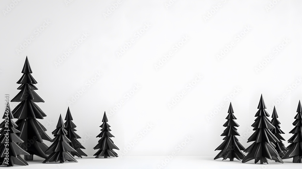 Fototapeta premium Black Paper Christmas Trees Against a White Background.