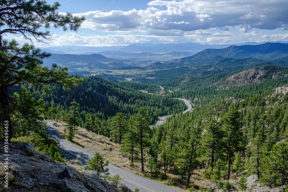 Scenic overlook with a road winding through pine forest below, panoramic beauty Scenic overlook with a road winding through pine forest below, panoramic beauty