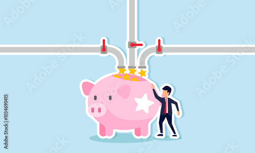 A businessman is filling a piggy bank labeled with a star using several pipes, illustration of the collection of ratings to serve as quality references for consumers