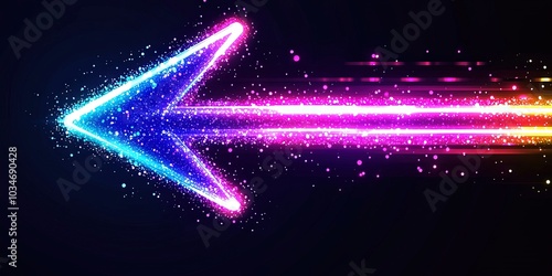 colorful arrow made of glowing light beams, pointing left at the center on a black background 