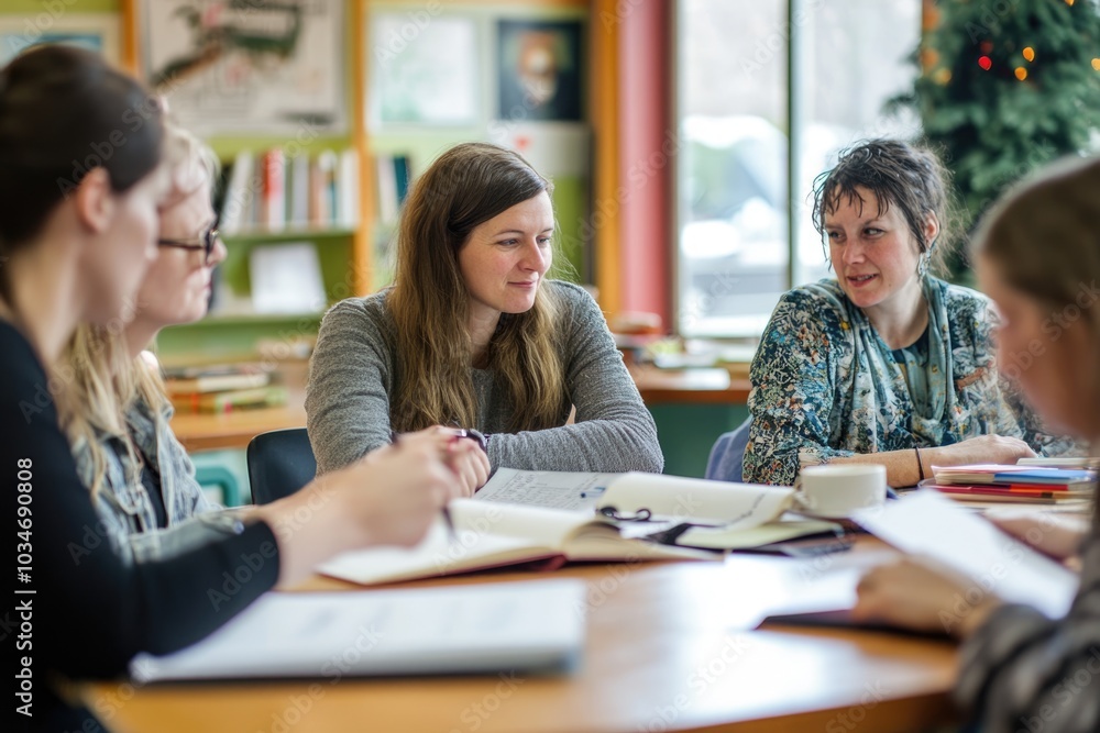 A group of adults in a writing workshop, each working on their own projects, as they learn new storytelling techniques A group of adults in a writing workshop, each working on their own projects, as they learn new storytelling techniques