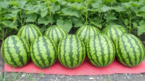 Abundant and Lush Watermelon Farm with Vibrant Red Fruits Growing on Green Vines in a Rural Landscape