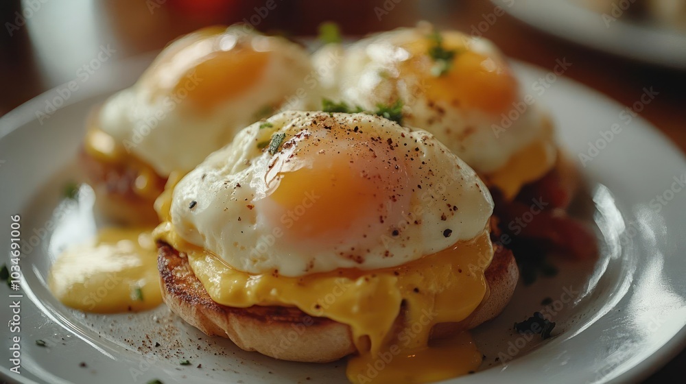 Tasty-looking eggs benedict with English muffins and poached eggs, Tasty-looking eggs benedict with English muffins and poached eggs,