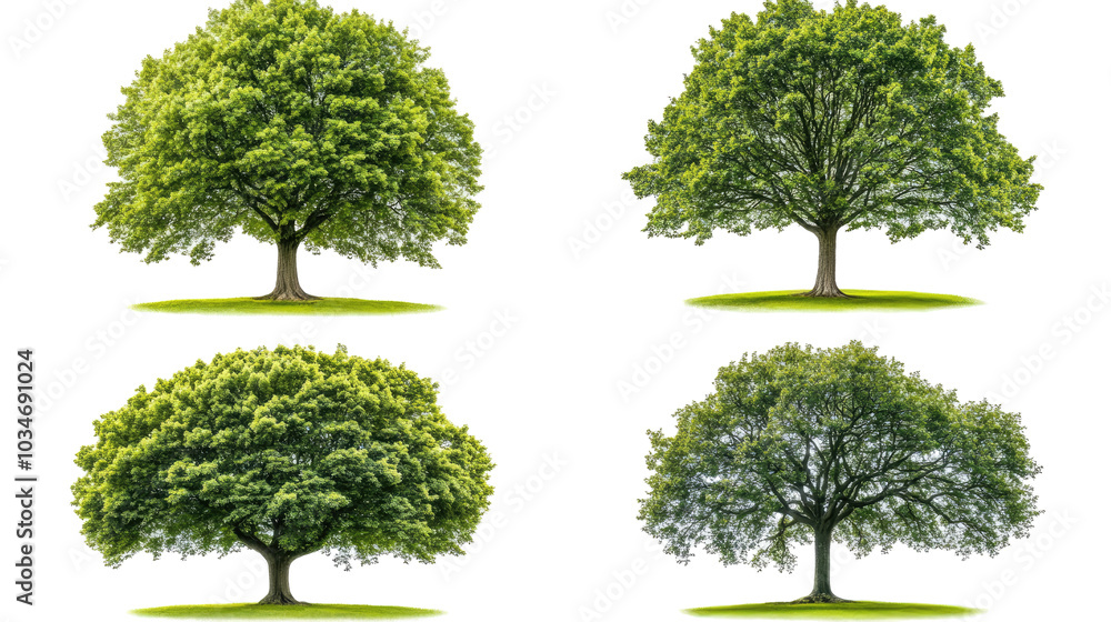 Set of Four Big Green Oak Trees Isolated on a Clear Background Generative AI Set of Four Big Green Oak Trees Isolated on a Clear Background Generative AI