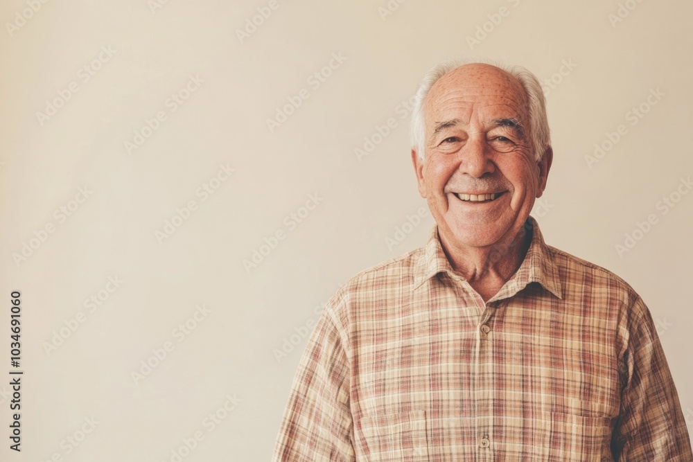 Elderly man in a checked shirt, smiling, standing against a solid cream background with space for messaging Elderly man in a checked shirt, smiling, standing against a solid cream background with space for messaging