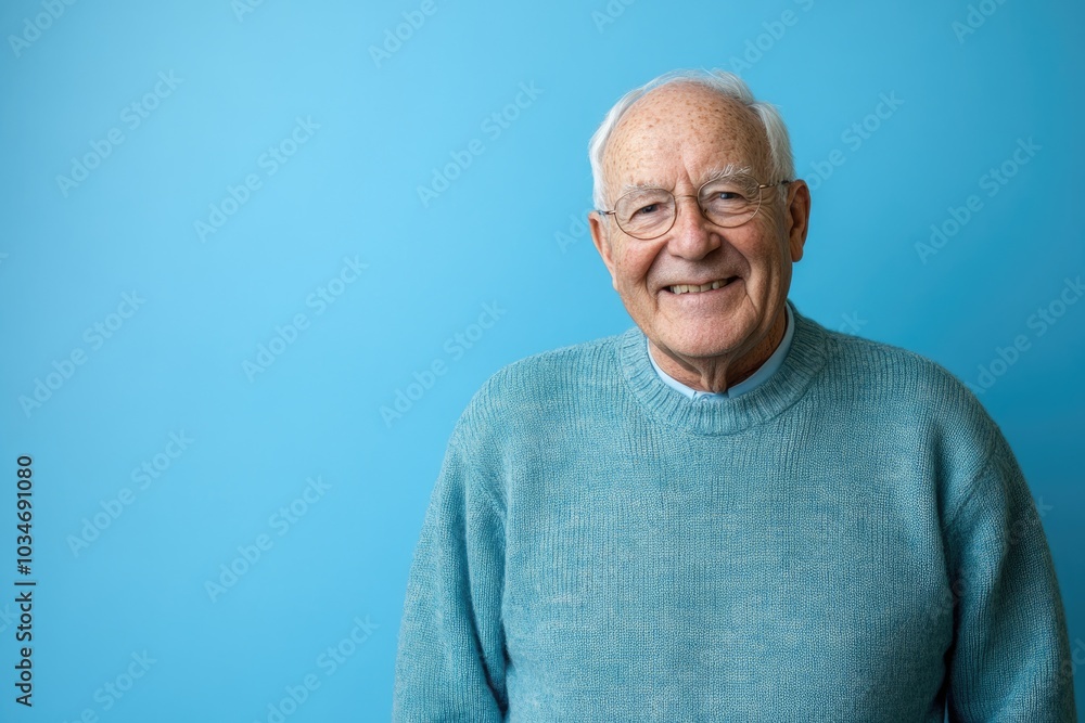 Elderly male presenter, smiling, in a casual sweater, in front of a solid light blue background with space for messaging Elderly male presenter, smiling, in a casual sweater, in front of a solid light blue background with space for messaging