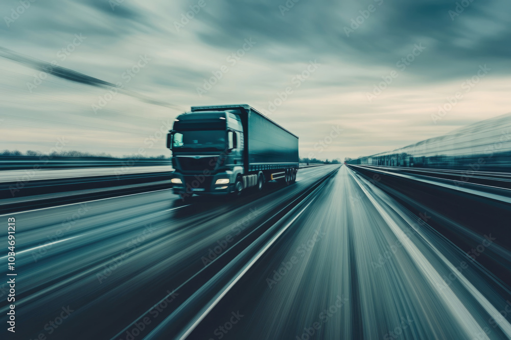 A transport truck captured speeding along an empty industrial road, with motion blur enhancing the sense of speed, focusing on fast and reliable logistics A transport truck captured speeding along an empty industrial road, with motion blur enhancing the sense of speed, focusing on fast and reliable logistics