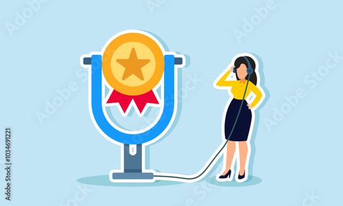 A businesswoman is live streaming using an award medal microphone, illustration of a talk show about the journey of success in business