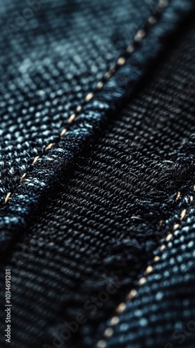 Close-up of blue denim texture with stitches, showcasing fabric detail and color depth. photo