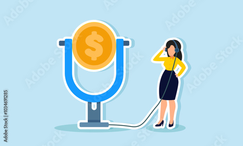 A businesswoman is live streaming using a dollar coin microphone, illustration of the promotion or talk show about financial management or financial freedom