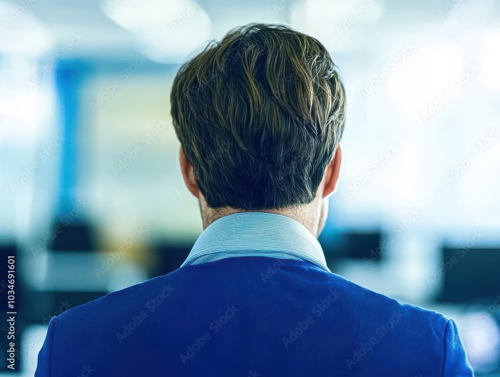 Businessman in an office, back view, focus on professional attire and workspace. Businessman in an office, back view, focus on professional attire and workspace.