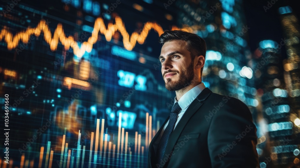 Fototapeta premium Very realistic photo of a businessman showcasing a rising bar graph with stock market figures in the background Emphasizing business growth and financial success Styled like a high-end lifestyle