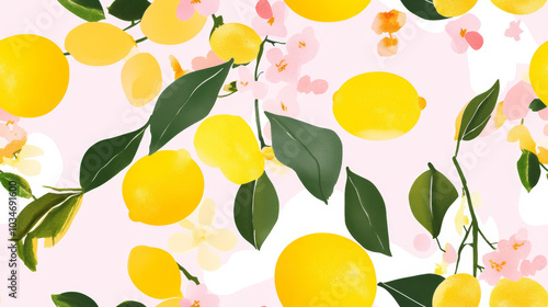 lemon fruit print and plants print in yellow pink green white colored citrus branches exotic seamless patchwork pattern. fashion trendy banner background for fabric textile design wallpaper
