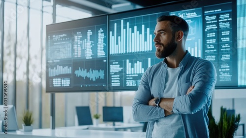 Very realistic photo of an AI developer explaining industry trends in a bright office space with large digital screens Financial graphs and statistics on AI investments dominate the background,