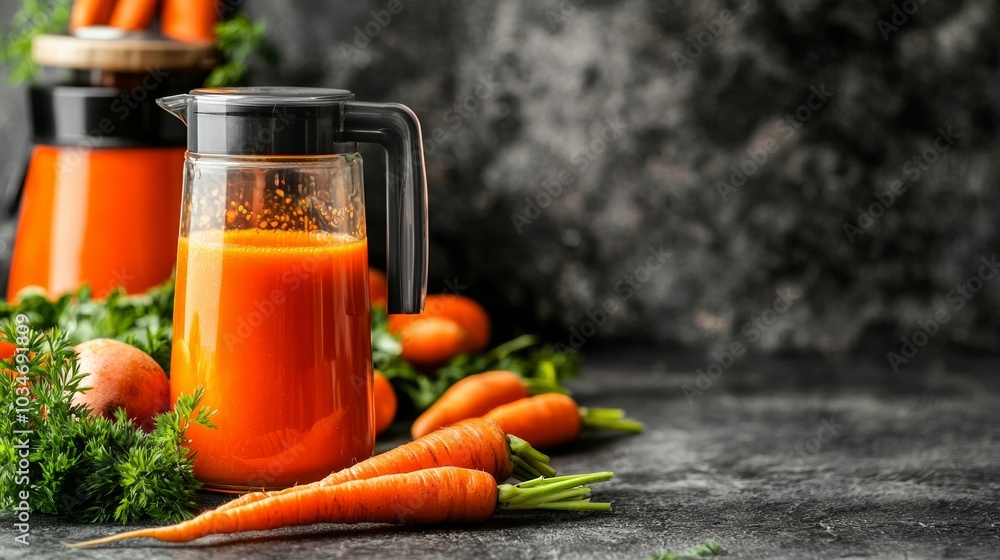 Carrot juice. Process preparation of fresh juice in juicer. Process of making juice in a juicer. Carrot juice. Process preparation of fresh juice in juicer. Process of making juice in a juicer.