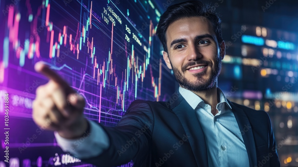 Very realistic photo of a businessman confidently pointing to a growing bar graph with stock market figures in the background Depicting financial success and corporate growth Styled like a high-end Very realistic photo of a businessman confidently pointing to a growing bar graph with stock market figures in the background Depicting financial success and corporate growth Styled like a high-end