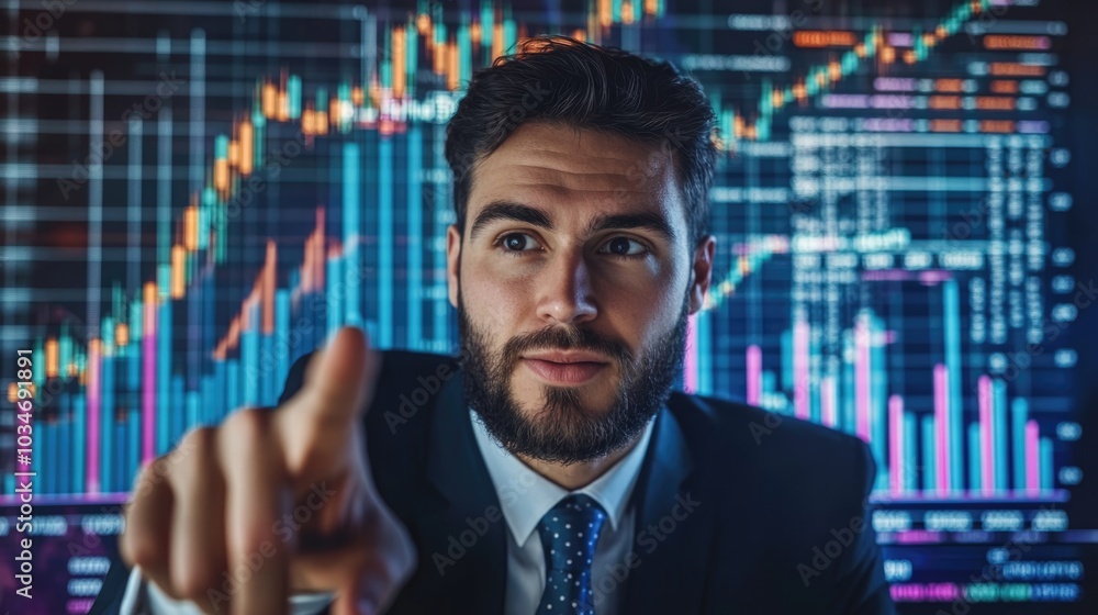 Very realistic photo of a businessman pointing to a growing bar graph with stock market statistics displayed behind him Depicting business success and financial growth Styled like a high-end Very realistic photo of a businessman pointing to a growing bar graph with stock market statistics displayed behind him Depicting business success and financial growth Styled like a high-end
