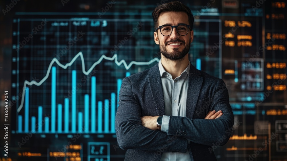 Very realistic photo of a businessman showcasing a growing bar graph with stock market figures behind him Depicting success and financial growth Styled like a high-end lifestyle magazine, Very realistic photo of a businessman showcasing a growing bar graph with stock market figures behind him Depicting success and financial growth Styled like a high-end lifestyle magazine,