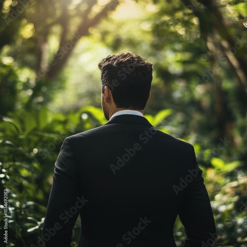 Man in suit standing in lush green forest, observing nature around him.