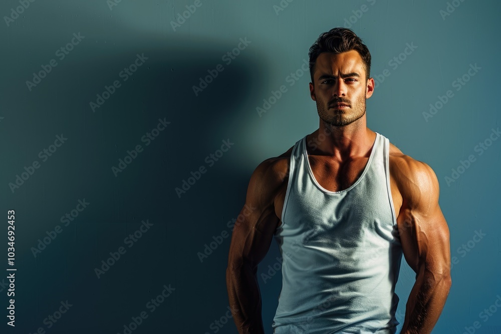 Fit man with a powerful physique and mental sharpness, standing against a solid color background, ideal for gym flyers that emphasize the harmony of body and mind Fit man with a powerful physique and mental sharpness, standing against a solid color background, ideal for gym flyers that emphasize the harmony of body and mind