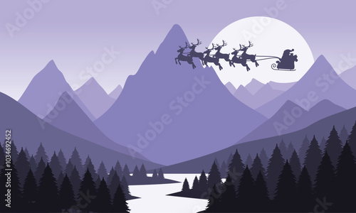 Vector purple mountain landscape with clear sky, santa claus, christmas, sunset behind the mountains and silhouettes of trees and calm lake water