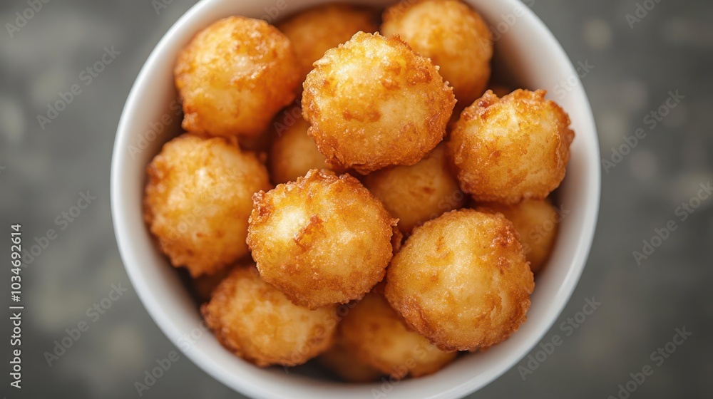 A bowl of crispy, golden tater tots, seasoned with cheese and cinnamon, likely ready to be served.