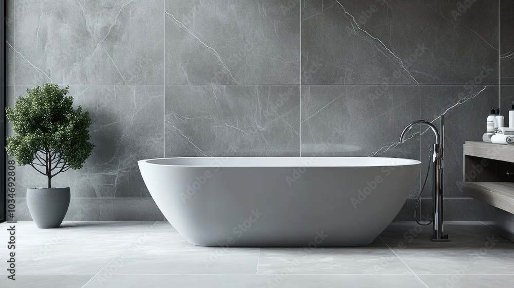 A realistic photo of a serene bathroom with sleek gray marble tiles and an elegant freestanding bathtub The minimalist decor and peaceful ambiance provide a perfect space for relaxation and unwinding A realistic photo of a serene bathroom with sleek gray marble tiles and an elegant freestanding bathtub The minimalist decor and peaceful ambiance provide a perfect space for relaxation and unwinding