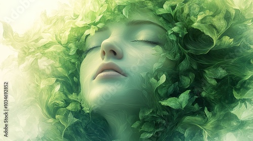 abstractof serene face intertwined with nature symbolizing spiritual growth and harmony photo