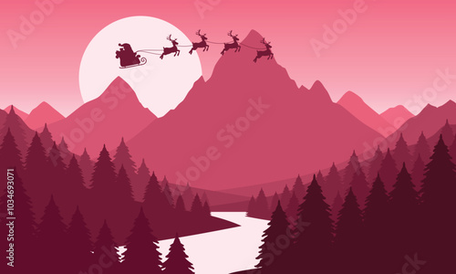 Vector red mountain landscape with clear sky, santa claus, christmas, sunset behind the mountains and silhouettes of trees and calm lake water