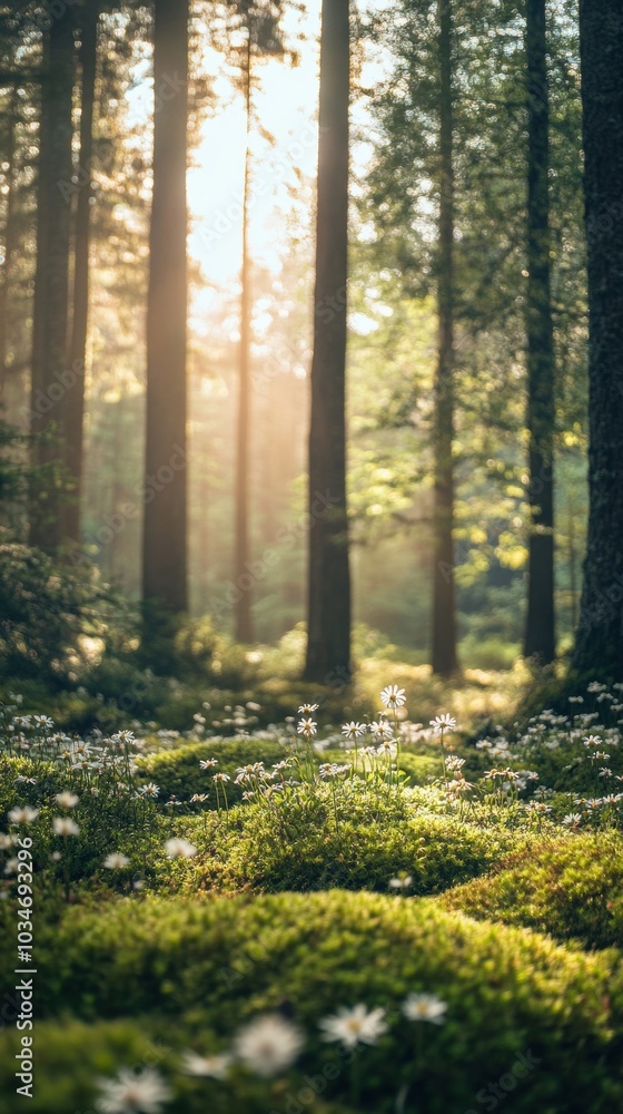 Obraz premium A peaceful forest floor covered in lush green moss and tiny wildflowers