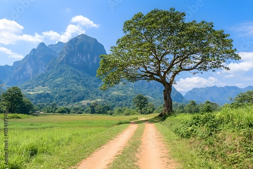 Scenic Dirt Road through Lush Green Fields and Majestic Mountains