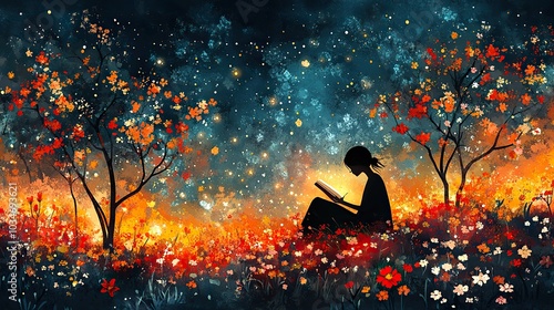 abstractof immersive reading and imagination person reads amidst stylized trees and flowers symbolizing the growth of ideas and creativity.illustration photo